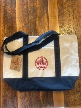 Trader Joe's Canvas Tote Bag in White and Navy